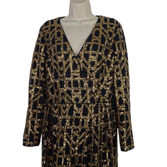 Calvin Klein Black Gold Sequins V-Neck Party Dress Women Size 14 Long Sleeve - Picture 3 of 16